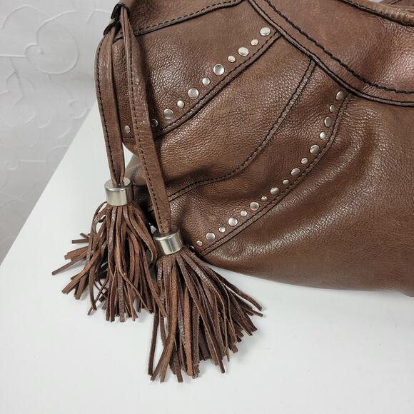 Fossil Fifty Four Womens Shoulder Bag Brown Leather Tassels Studded Hobo Western - Picture 2 of 13